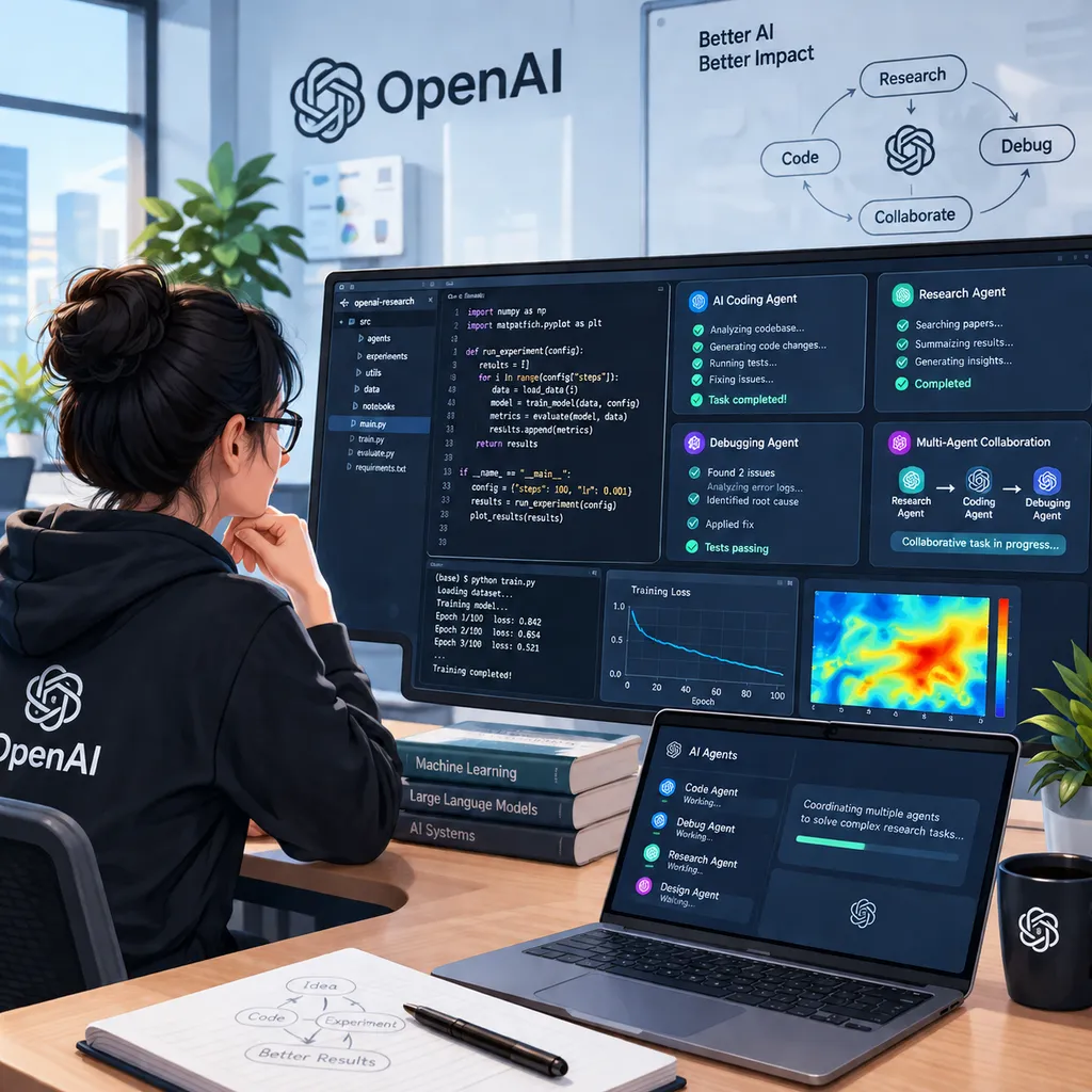 Conceptual illustration of OpenAI researchers using AI coding agents for code development, experiment troubleshooting, and multi-agent collaboration