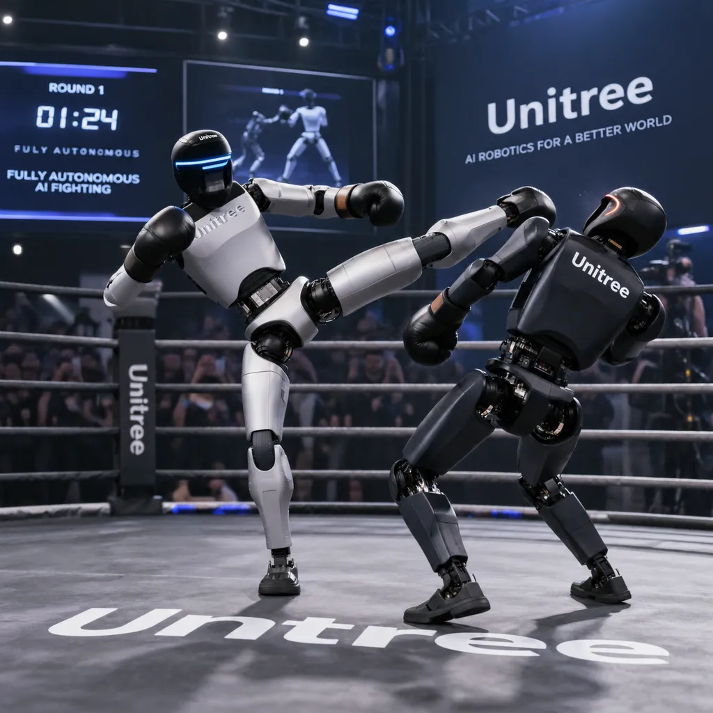 Footage of Unitree humanoid robots engaging in fully autonomous combat in a ring