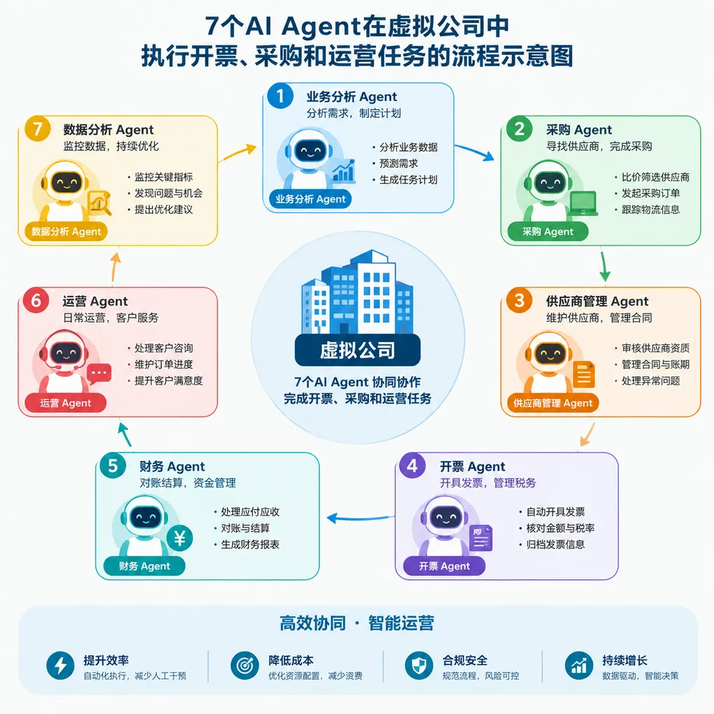 7个AI Agent在虚拟公司中执行开票、采购和运营任务的流程示意图