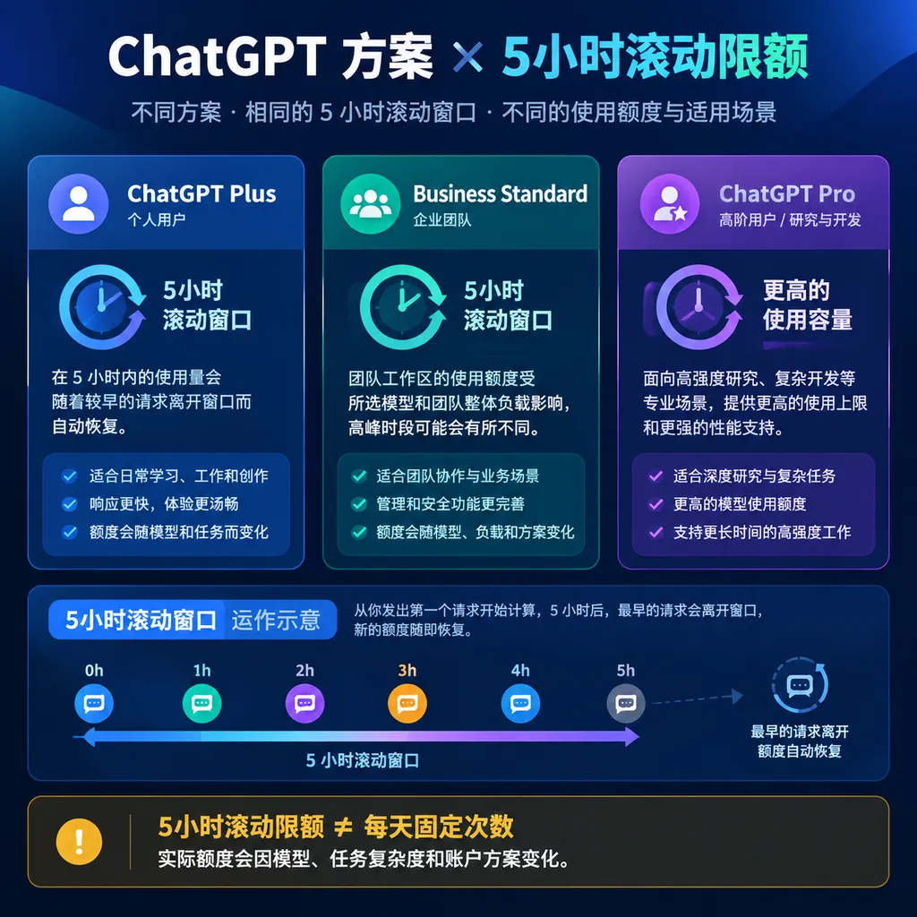 ChatGPT Plus、Business Standard、Pro方案与5小时滚动限额关系示意图