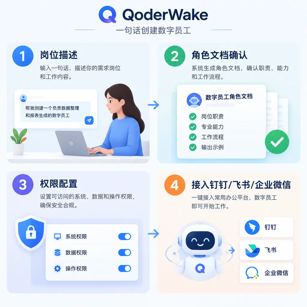 QoderWake 一句话创建数字员工的产品流程示意图,包含岗位描述、角色文档确认、权限配置和接入钉钉/飞书/企业微信四个步骤