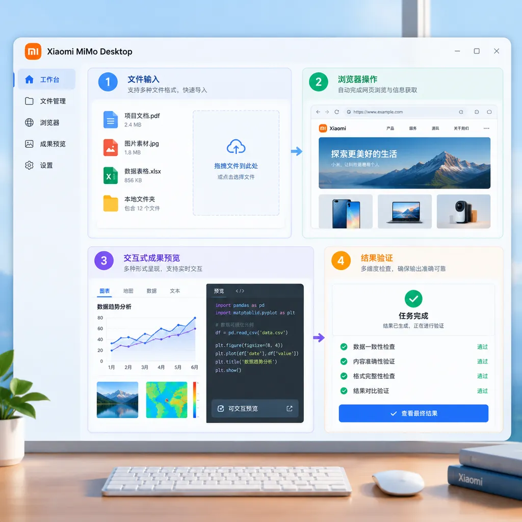 Xiaomi MiMo Desktop 桌面客户端工作流示意图:文件输入、浏览器操作、交互式成果预览和结果验证处于同一界面