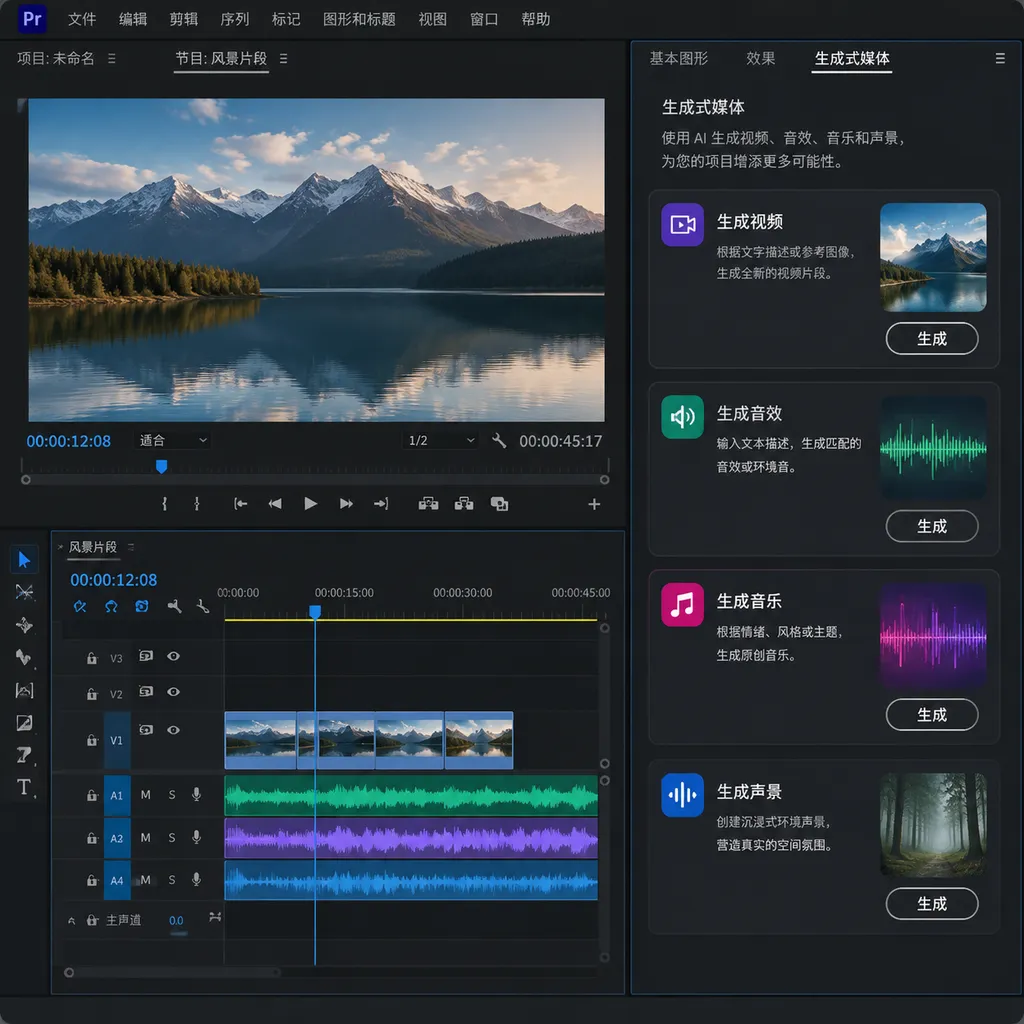 Adobe Premiere时间线中的生成式媒体面板,展示视频、音效、音乐和声景生成入口