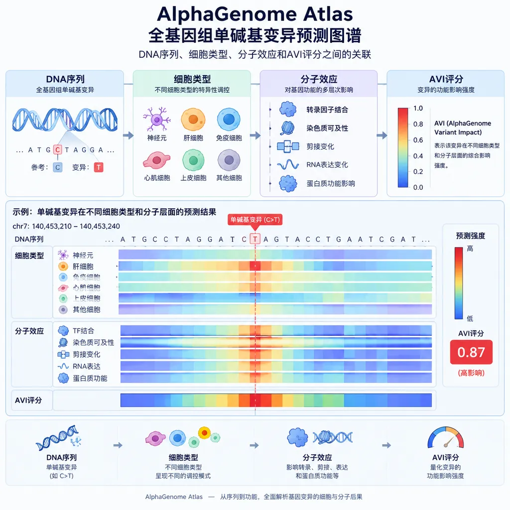 AlphaGenome Atlas全基因组单碱基变异预测图谱示意图,展示DNA序列、细胞类型、分子效应和AVI评分之间的关联