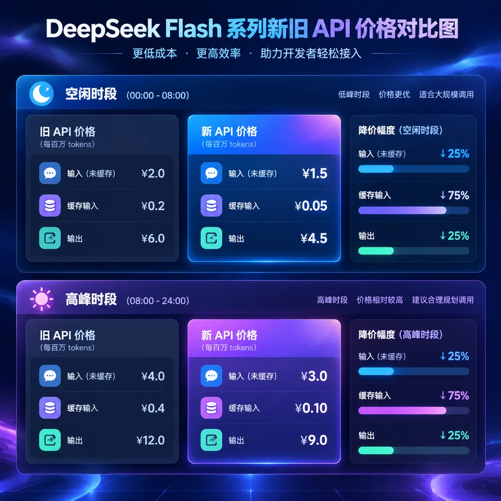 Comparison of the old and new API prices for the DeepSeek Flash series, showing input, cached input, and output prices during off-peak and peak hours