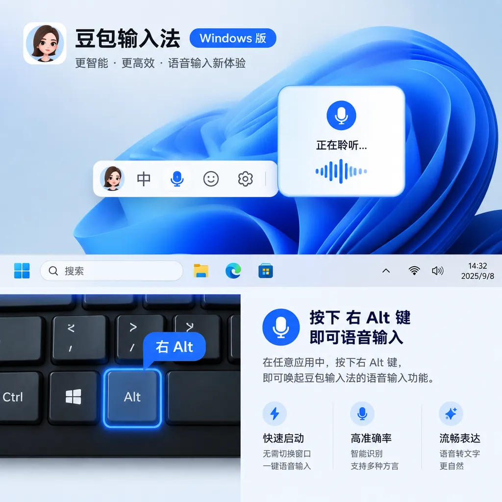 豆包输入法 Windows 版界面与右 Alt 语音输入快捷键示意