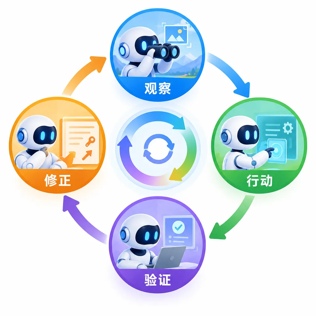 Schematic of Ling-3.0-flash-VL’s “observe—act—verify—correct” visual feedback loop