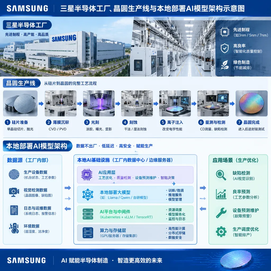 Schematic of Samsung’s semiconductor factory, wafer production line, and locally deployed AI model architecture