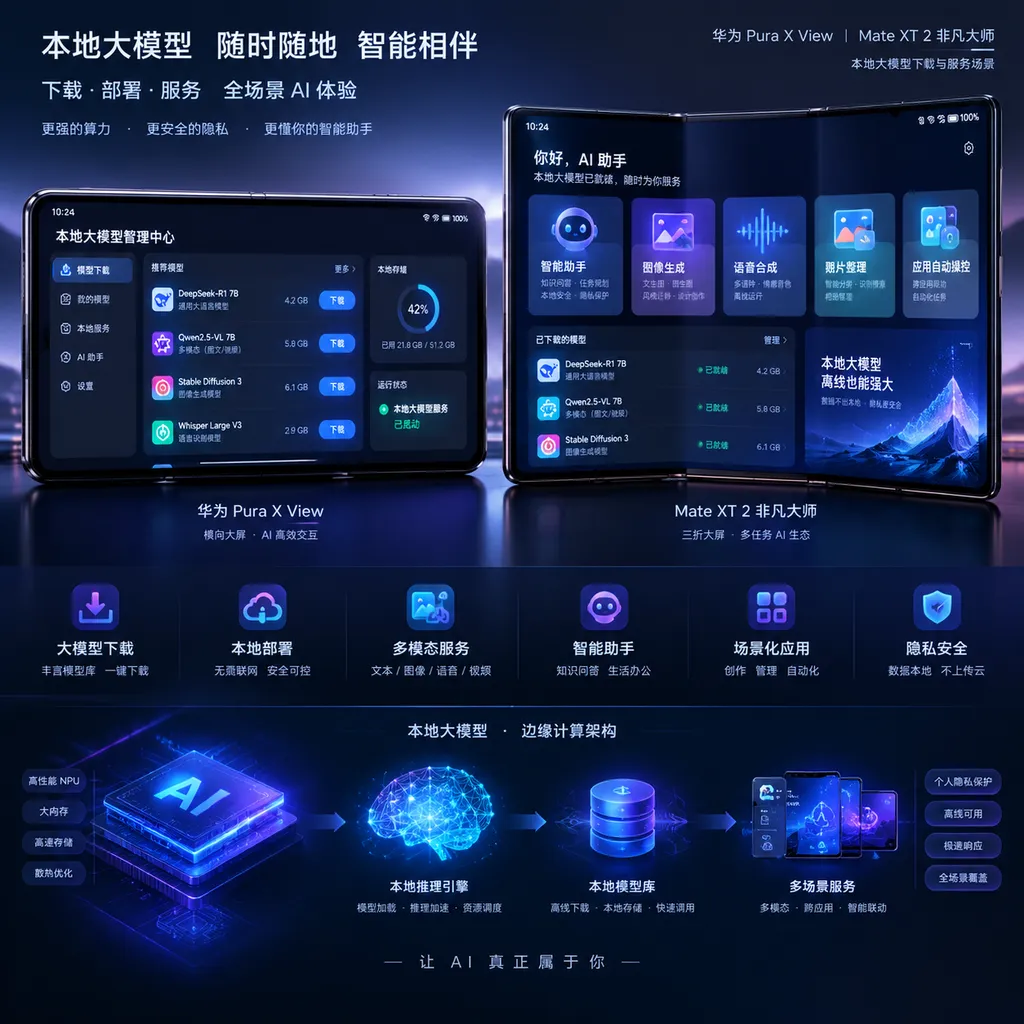 华为 Pura X View 与 Mate XT 2 非凡大师本地大模型下载与服务场景界面示意图