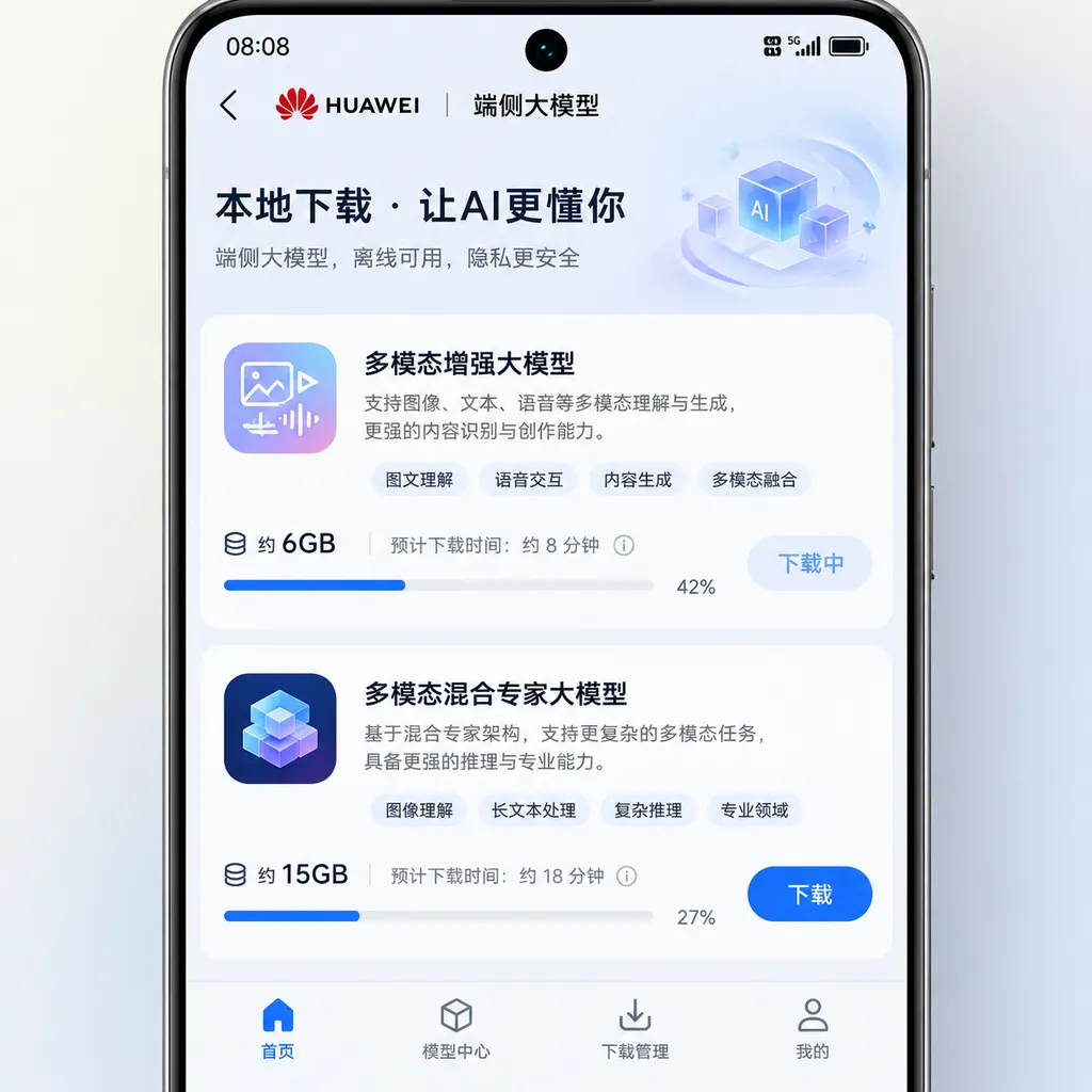 Illustration of Huawei phone on-device large-model download interface, showing an approximately 6 GB multimodal enhanced large model and an approximately 15 GB multimodal mixture-of-experts large model