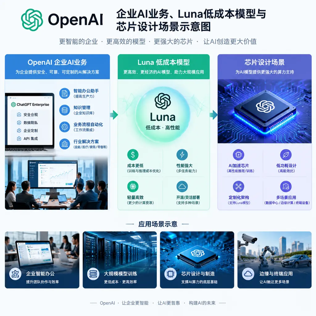 Illustration of OpenAI’s enterprise AI business, the Luna low-cost model, and chip design scenarios