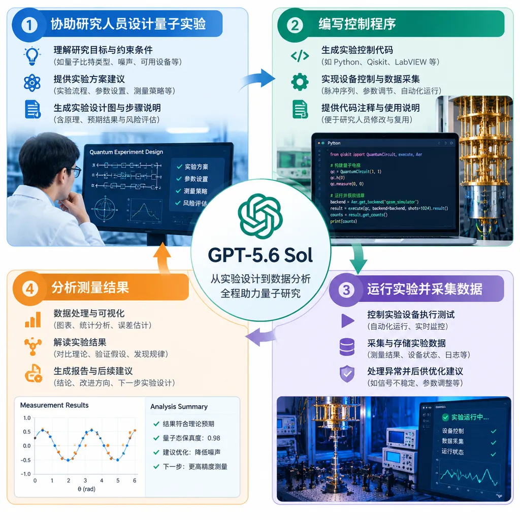 GPT-5.6 Sol 协助研究人员设计量子实验、编写控制程序并分析测量结果的流程示意图