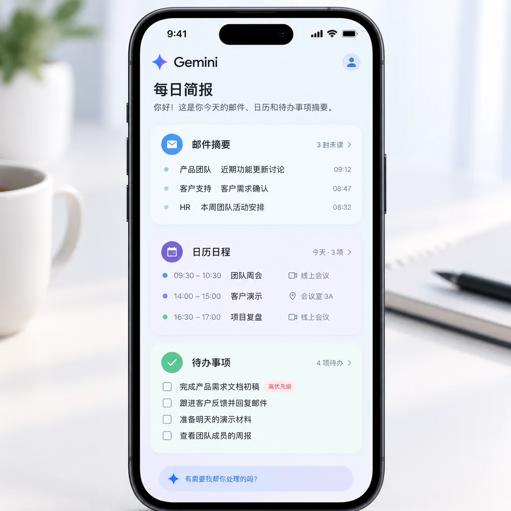 Gemini 每日简报在手机端展示邮件、日历和待办事项摘要的产品界面