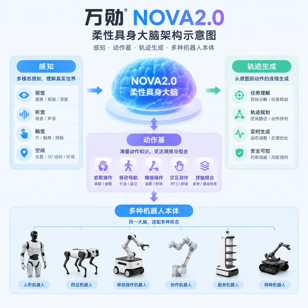 Diagram of Wanxun’s NOVA 2.0 flexible embodied brain architecture, showing the relationships among perception, motion primitives, trajectory generation, and multiple robot embodiments