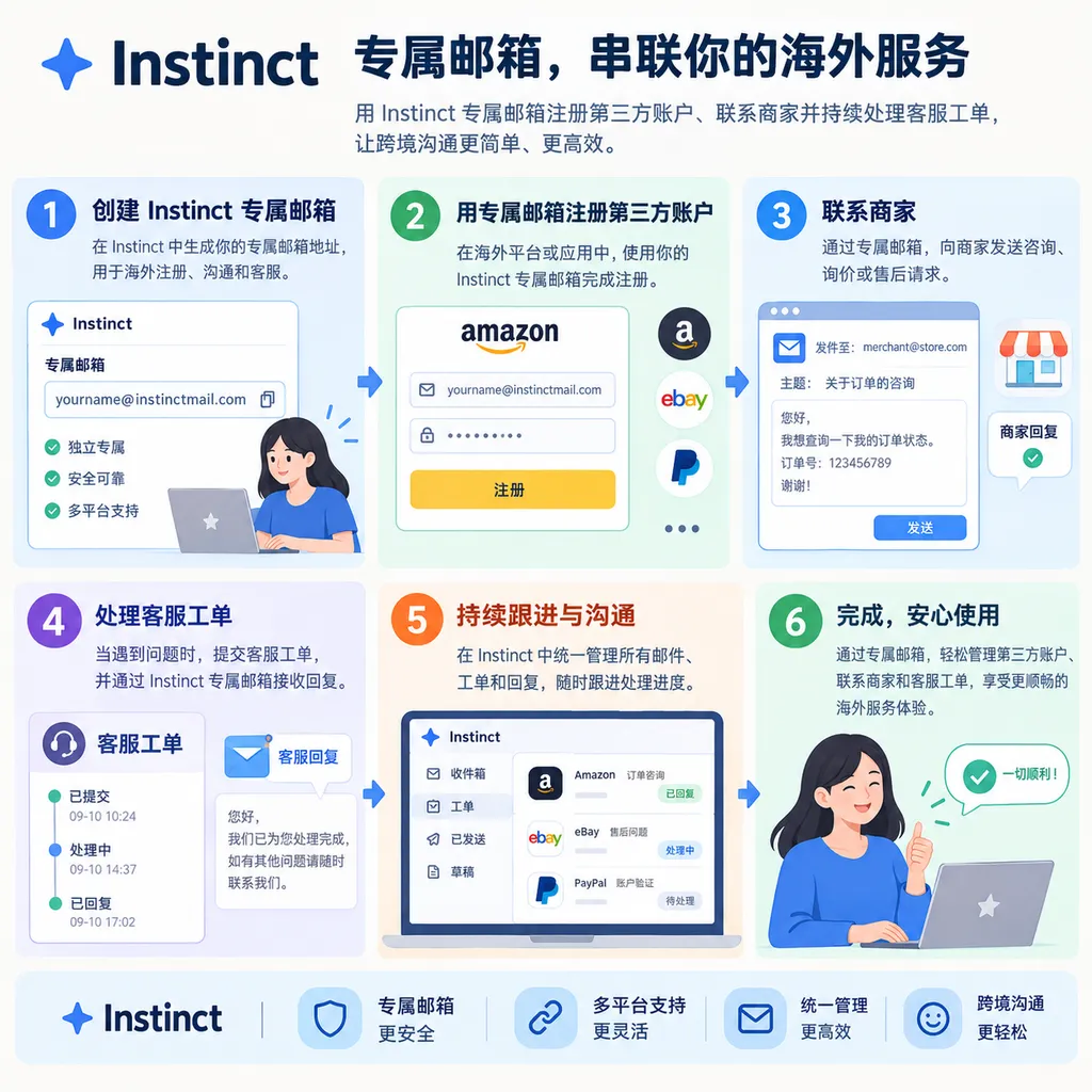Instinct 使用专属邮箱注册第三方账户、联系商家并持续处理客服工单的流程示意图