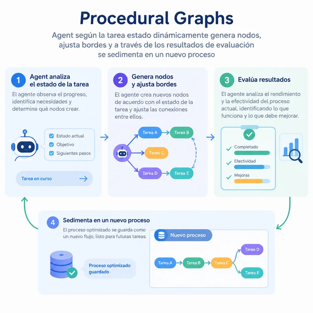 Procedural Graphs 示意图:Agent 根据任务状态动态生成节点、调整边并通过评估结果沉淀为新流程