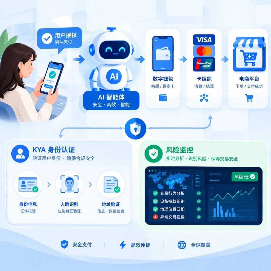 AI 智能体在用户授权下跨越数字钱包、卡组织与电商平台完成支付,画面突出 KYA 身份认证与风险监控流程