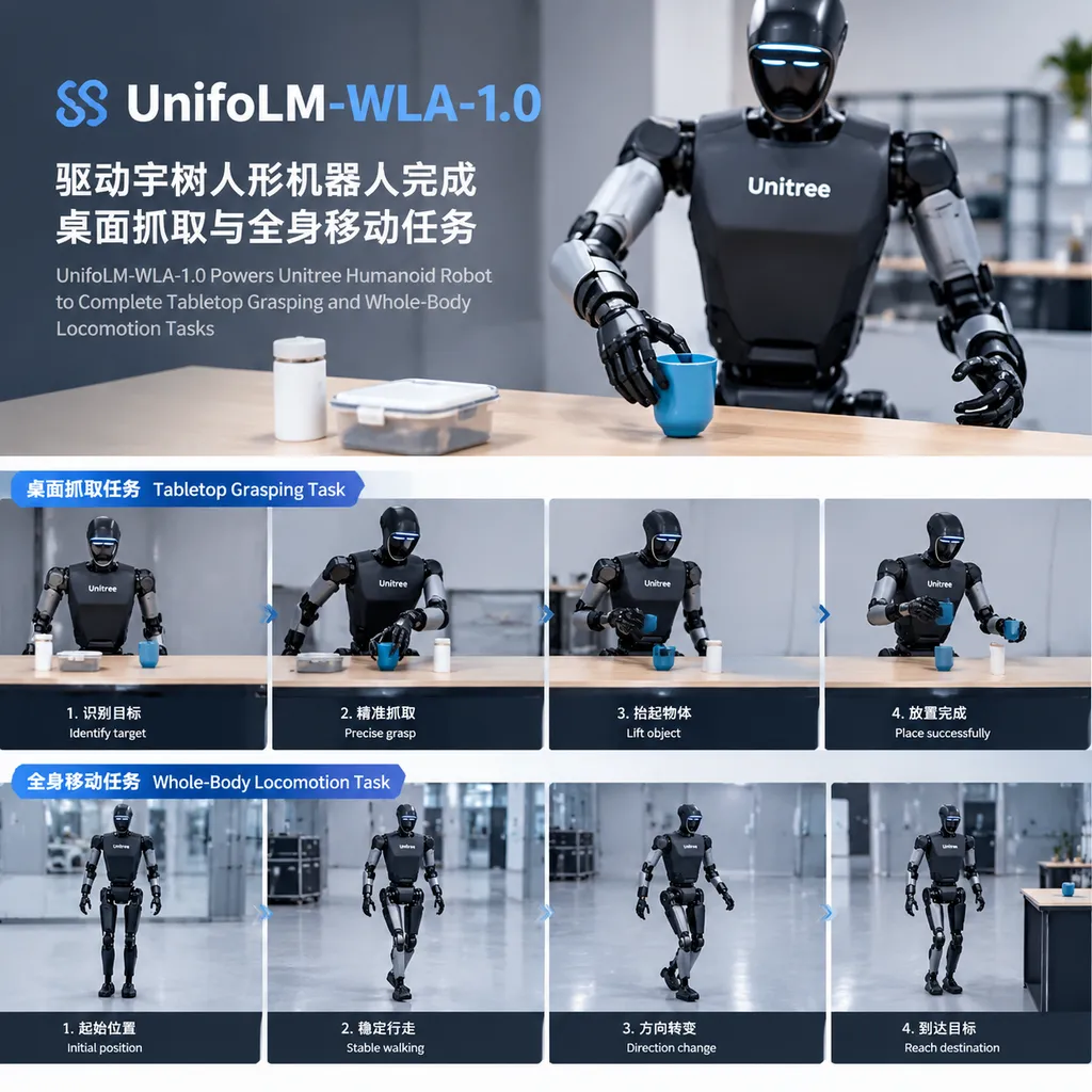 UnifoLM-WLA-1.0驱动宇树人形机器人完成桌面抓取与全身移动任务的官方演示画面