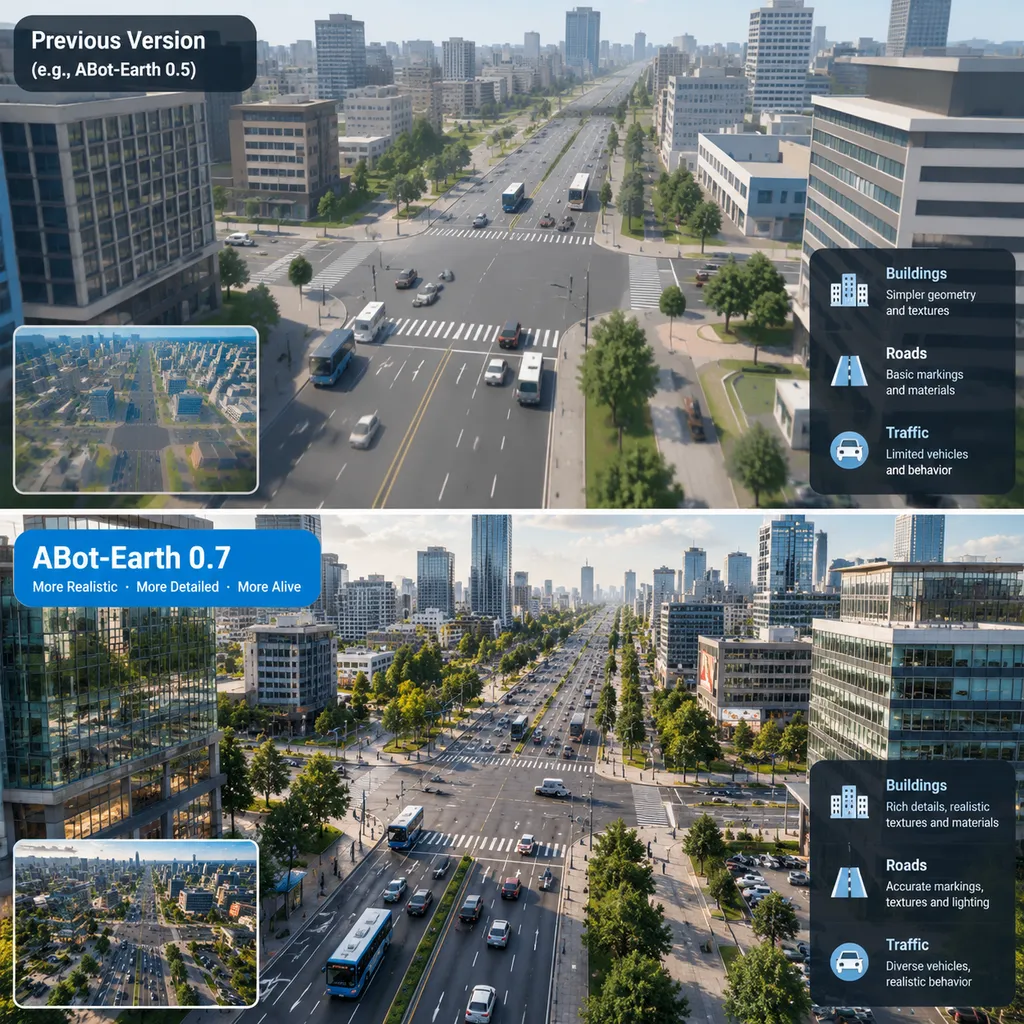 Comparison of 3D scenes of urban roads, buildings, and transportation infrastructure generated by ABot-Earth 0.7