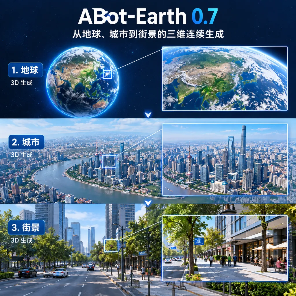 ABot-Earth 0.7 从地球、城市到街景的三维连续生成示意图