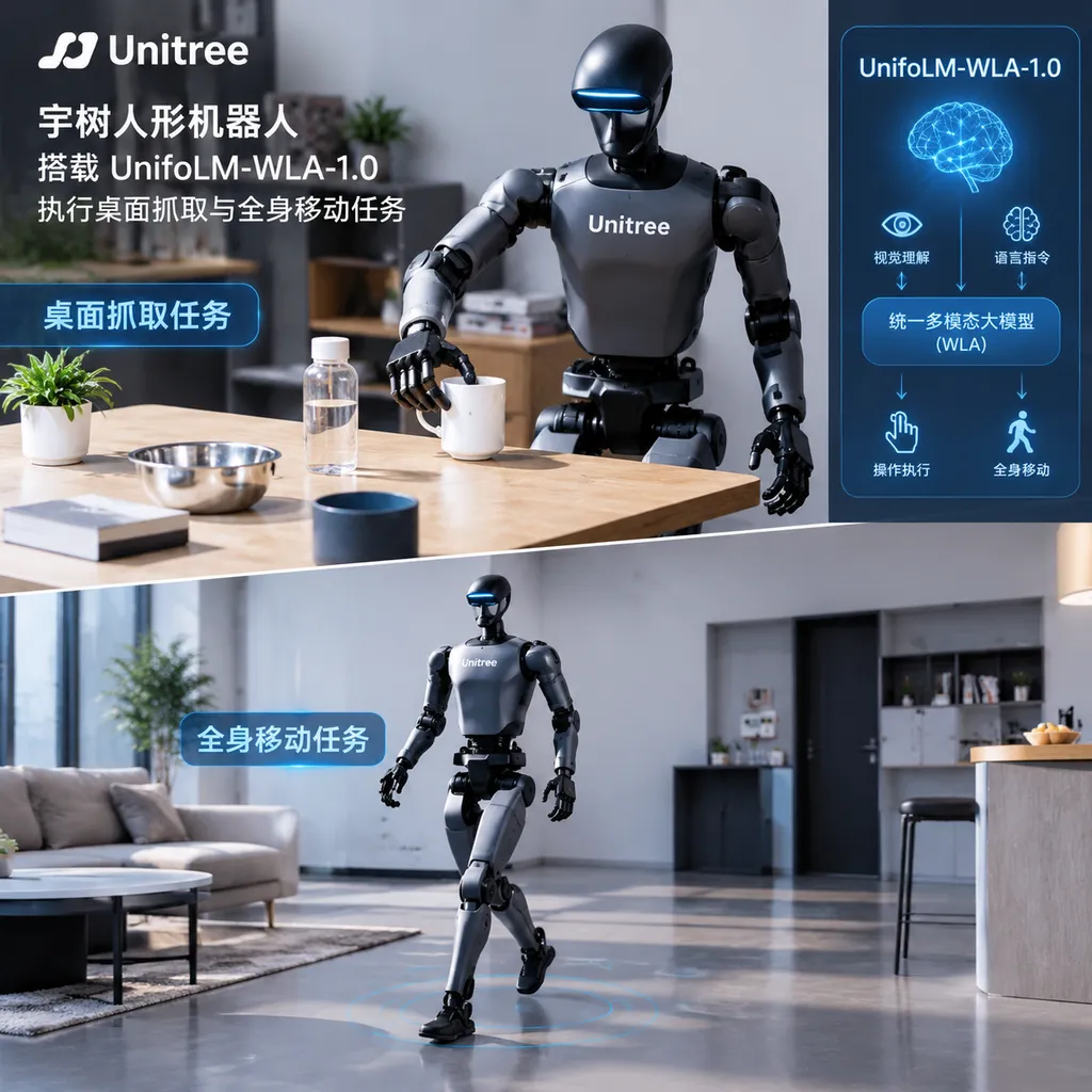 Unitree humanoid robot running a combination of tabletop grasping and whole-body locomotion tasks with UnifoLM-WLA-1.0