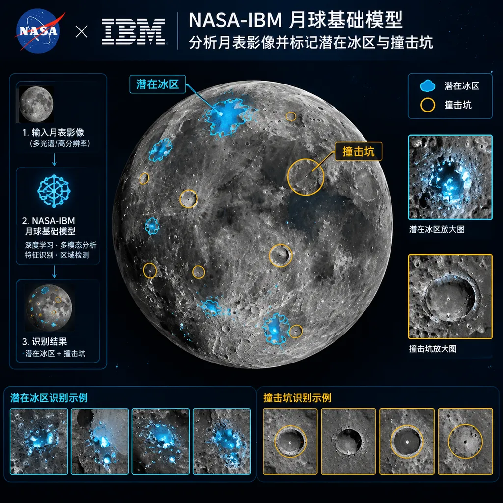Illustration of the NASA-IBM lunar foundation model analyzing lunar-surface imagery and marking potential ice-bearing regions and impact craters