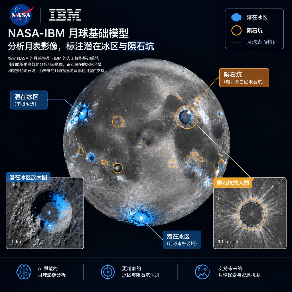 NASA-IBM 月球基础模型分析月表影像,标注潜在冰区与陨石坑的示意图
