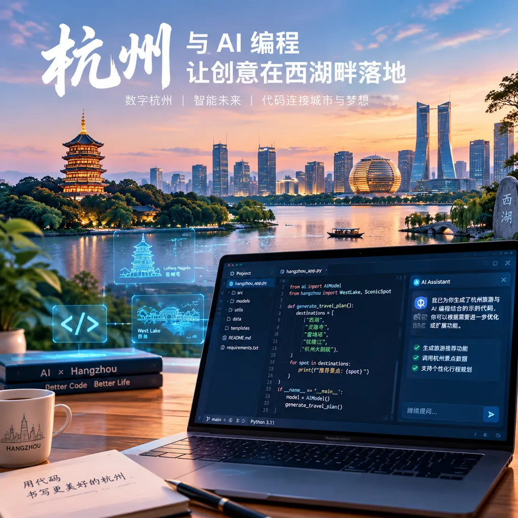 Promotional image combining Hangzhou urban landmarks with an AI coding interface