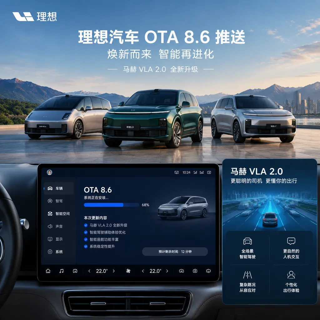 Illustration of Li Auto OTA 8.6 rollout and Mach VLA 2.0 features, showing a Li MEGA, L-series, or i-series vehicle and the in-vehicle system upgrade interface