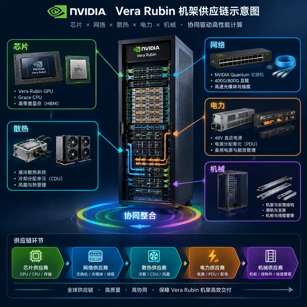 Diagram of the Nvidia Vera Rubin rack supply chain, showing coordination among chips, networking, cooling, power, and mechanical components