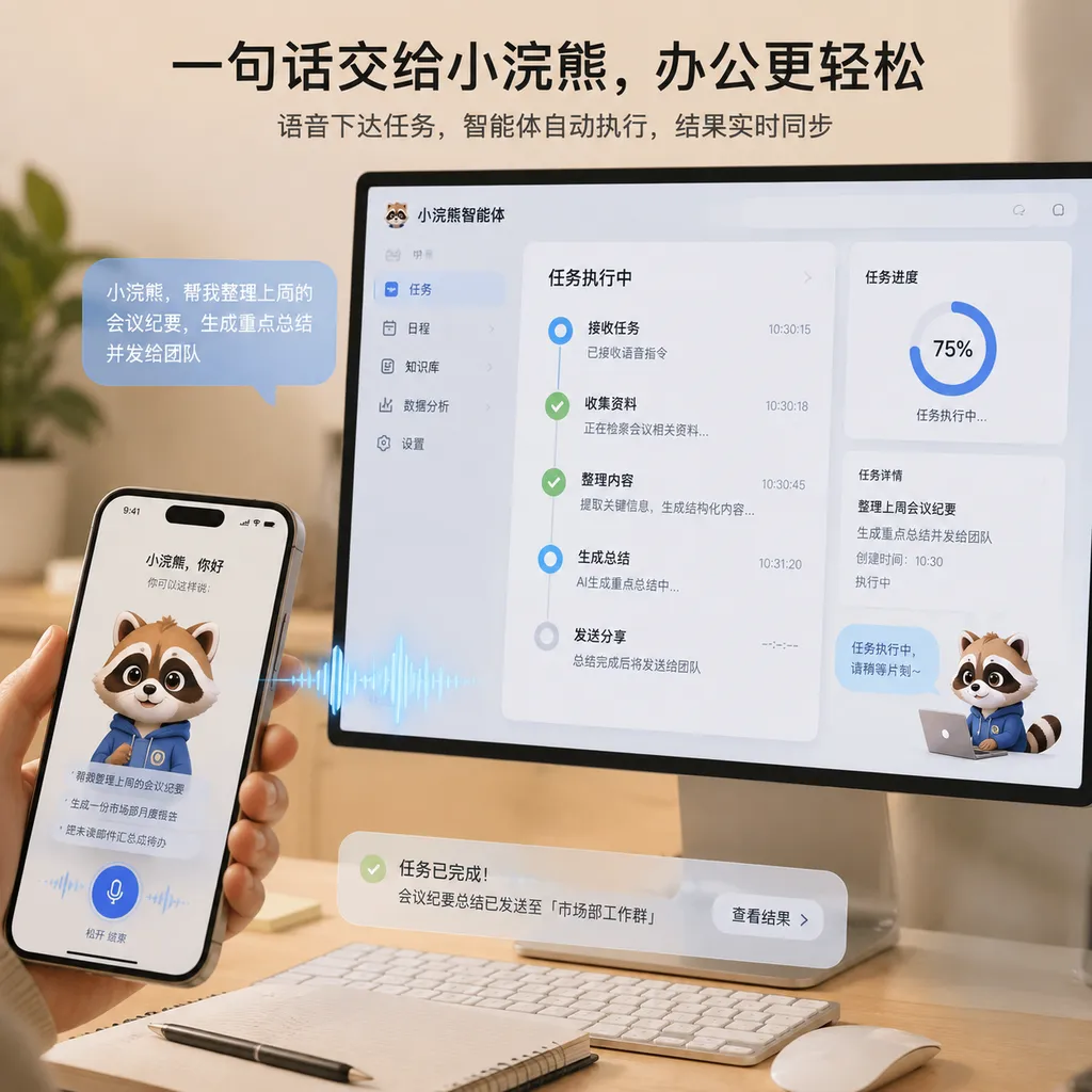 用户在手机上通过语音向“小浣熊”下达办公任务,电脑端智能体持续执行的产品场景图