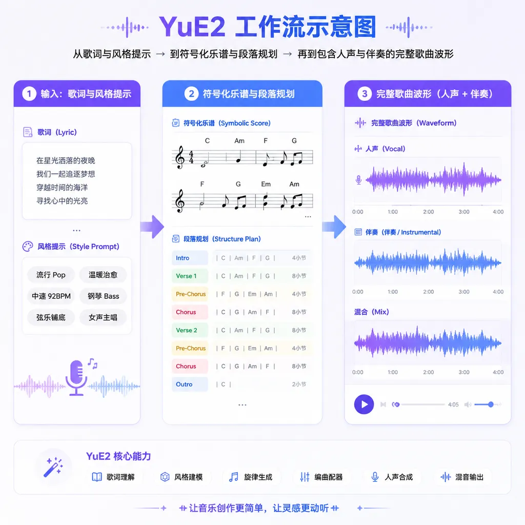 YuE2 工作流示意图,左侧为歌词与风格提示,中间为符号化乐谱和段落规划,右侧为包含人声与伴奏的完整歌曲波形