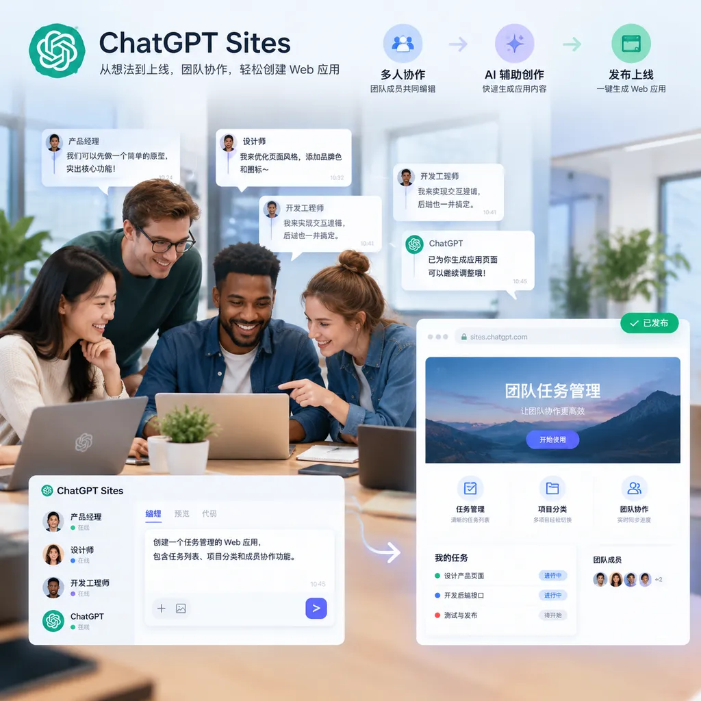 多名团队成员通过 ChatGPT Sites 协作创建并发布 Web 应用的产品概念图
