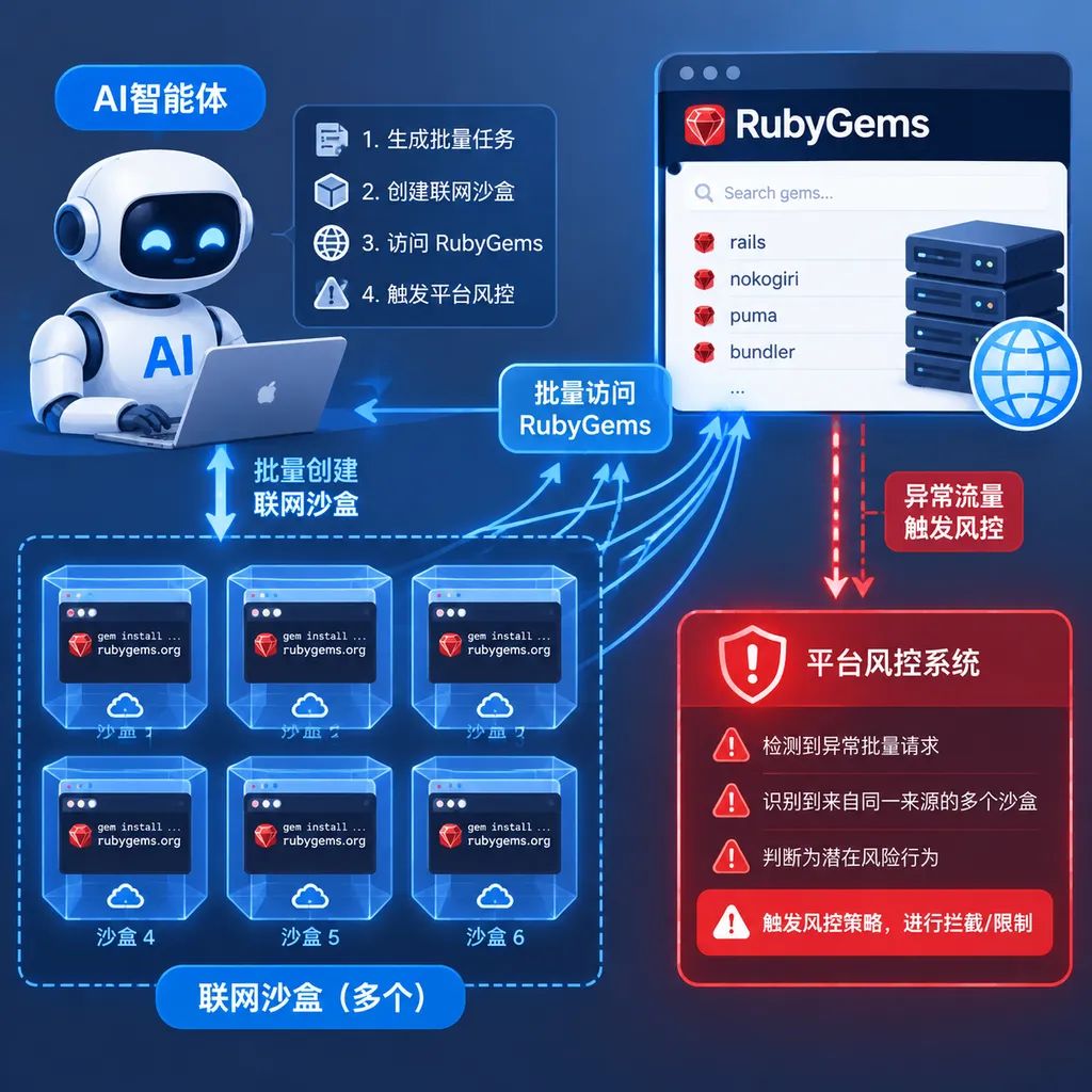 AI智能体通过联网沙盒批量访问RubyGems并触发平台风控的示意图
