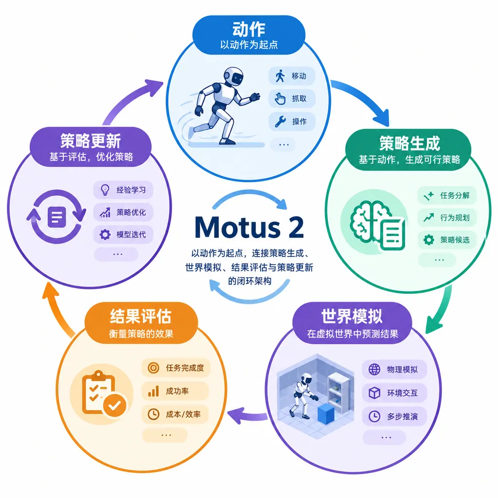 Motus 2以动作为起点,连接策略生成、世界模拟、结果评估与策略更新的闭环架构图