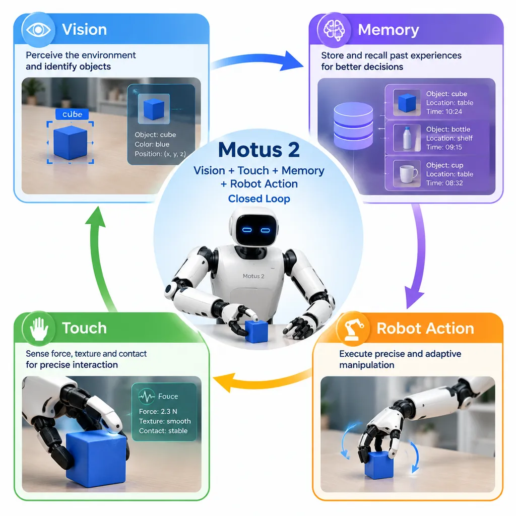 Schematic of Motus 2 integrating vision, touch, memory, and a robotic action loop
