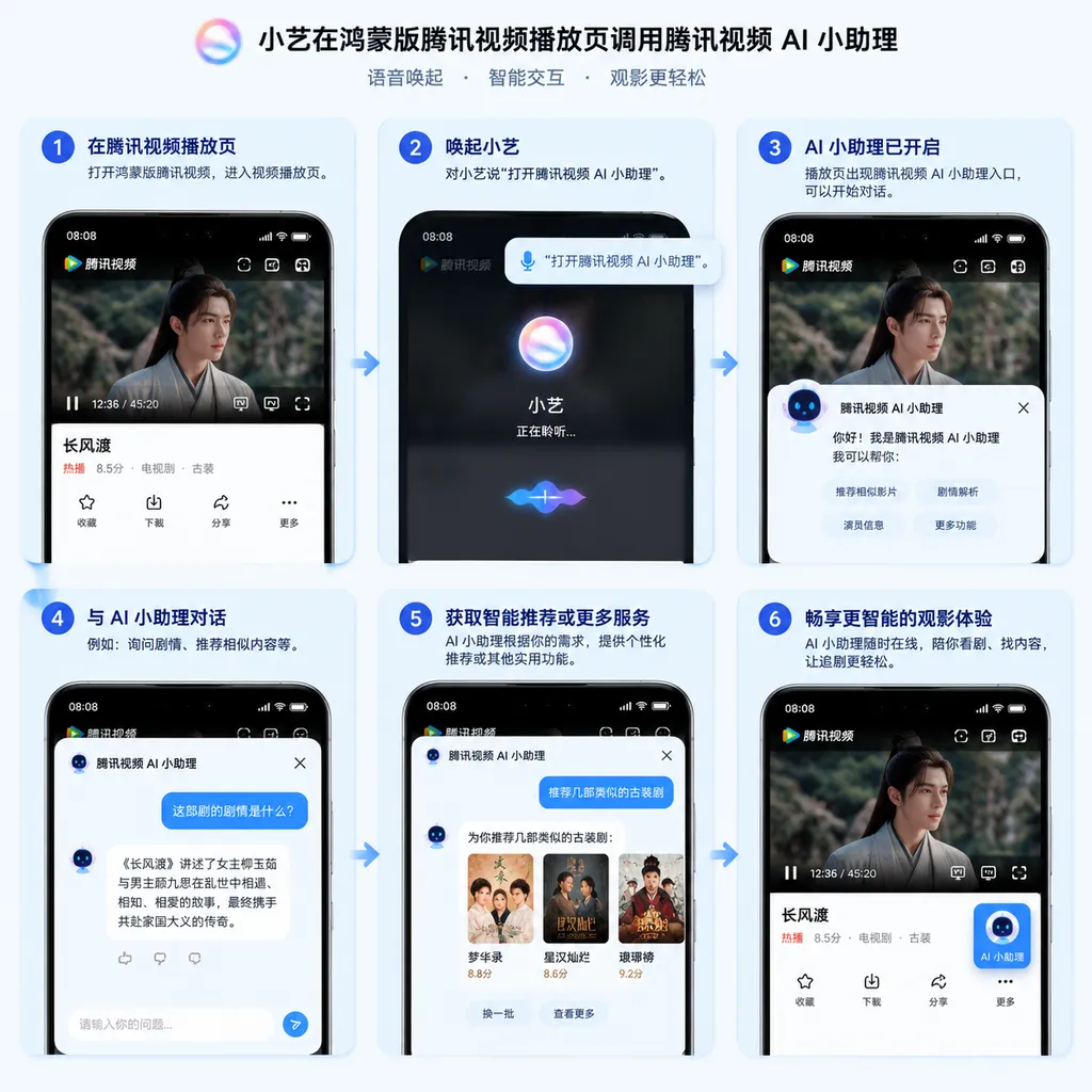 小艺在鸿蒙版腾讯视频播放页调用腾讯视频 AI 小助理的产品流程示意图