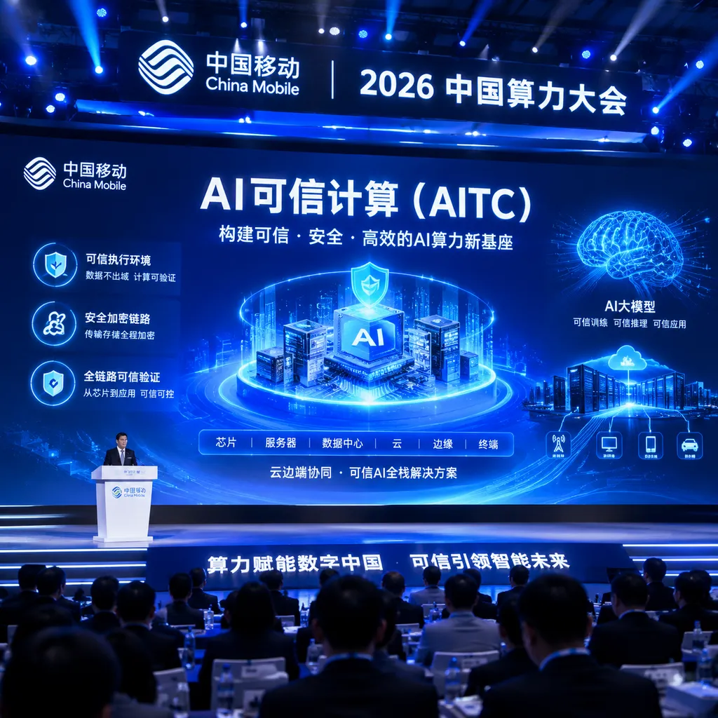 An on-site or conceptual image of China Mobile releasing AI Trusted Computing (AITC) at the 2026 China Computing Conference