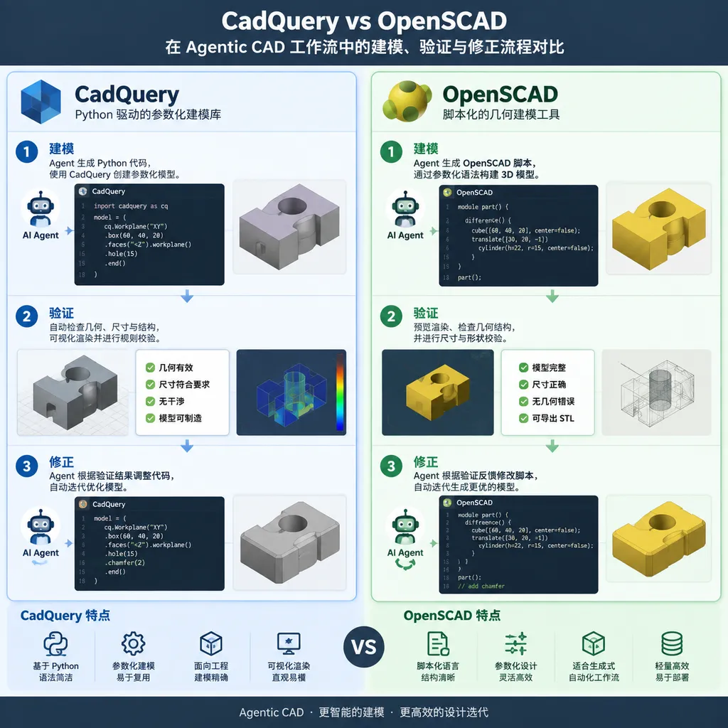CadQuery 与 OpenSCAD 在 Agentic CAD 工作流中的建模、验证与修正流程对比图