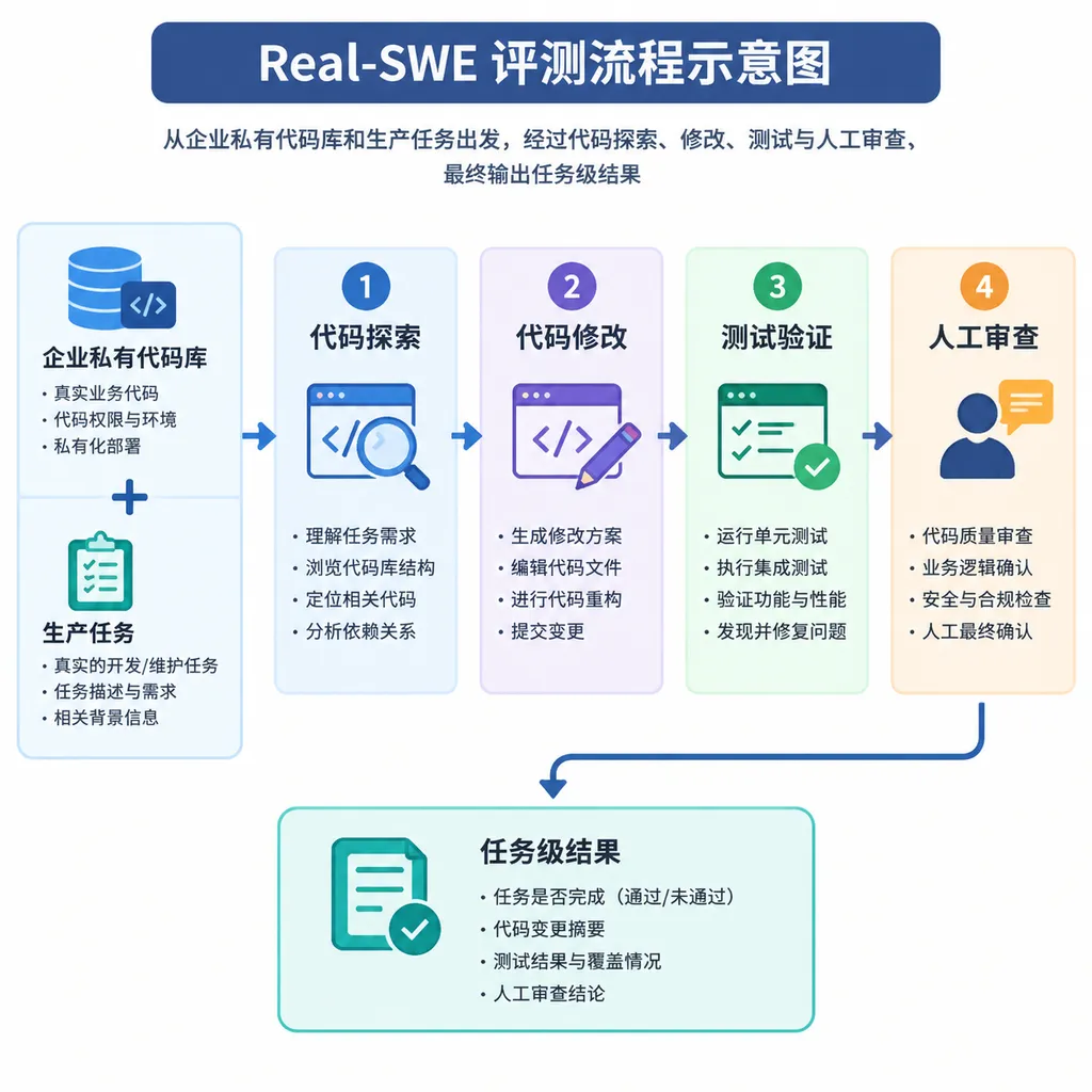 Real-SWE 评测流程示意图:从企业私有代码库和生产任务出发,经过代码探索、修改、测试与人工审查,最终输出任务级结果
