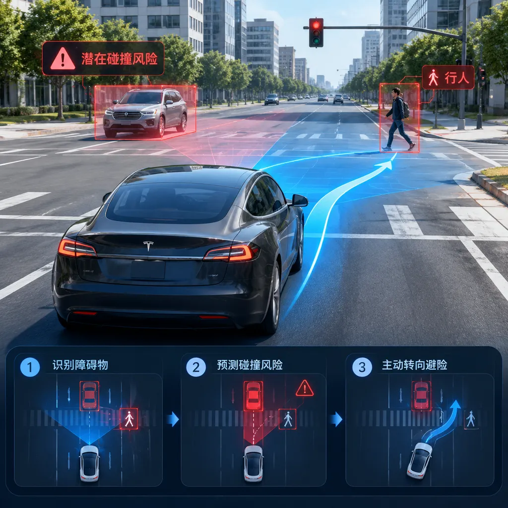 Illustration of a Tesla vehicle predicting a potential collision at an urban intersection and actively steering to avoid it