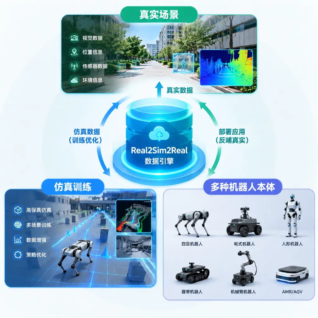 Illustration of LightNav-0’s Real2Sim2Real data engine connecting real-world scenes, simulation training, and multiple robot embodiments