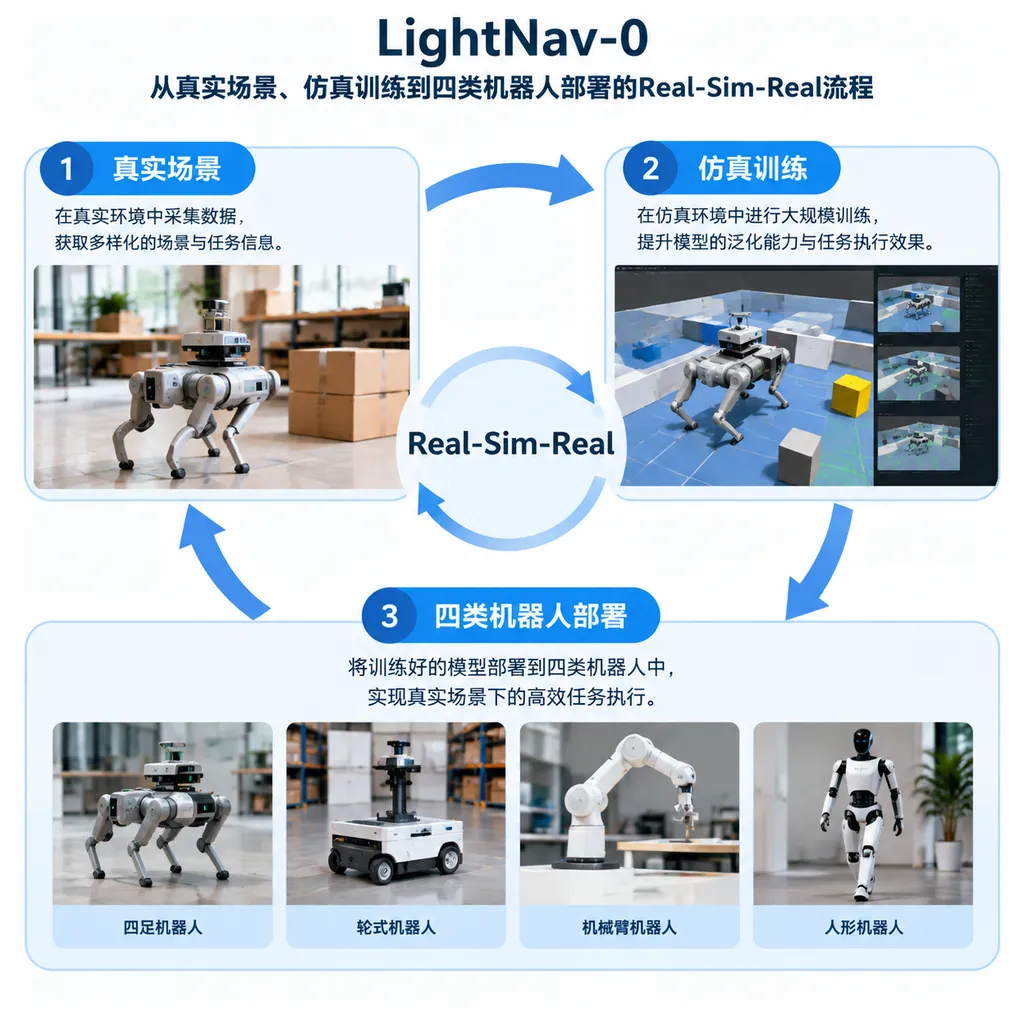 LightNav-0从真实场景、仿真训练到四类机器人部署的Real-Sim-Real流程图