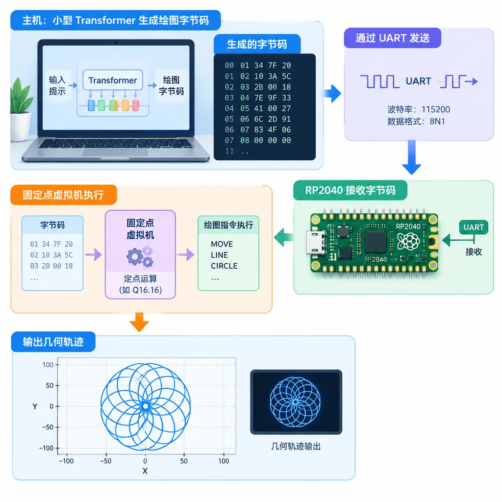 主机上的小型 Transformer 生成绘图字节码,RP2040 通过 UART 接收后由固定点虚拟机执行并输出几何轨迹的流程图