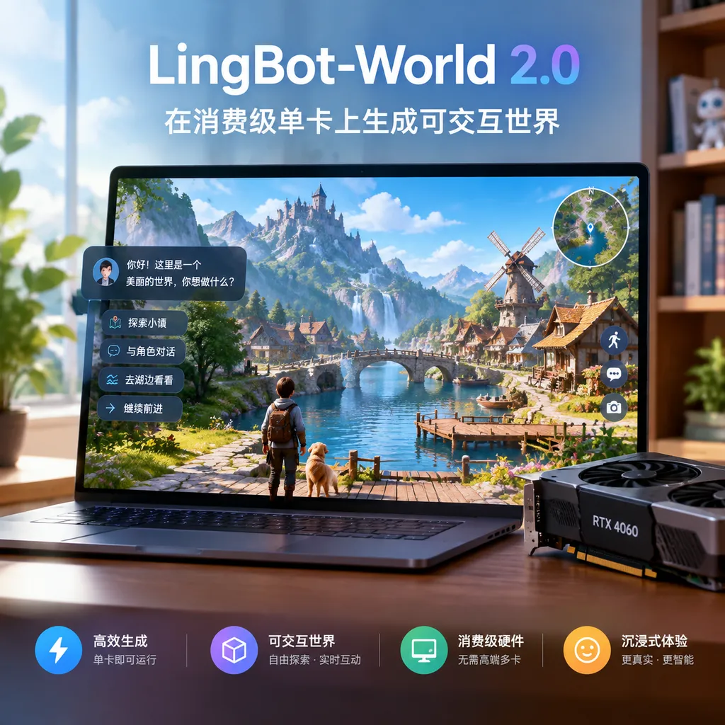 LingBot-World 2.0在消费级单卡上生成可交互世界的示意图