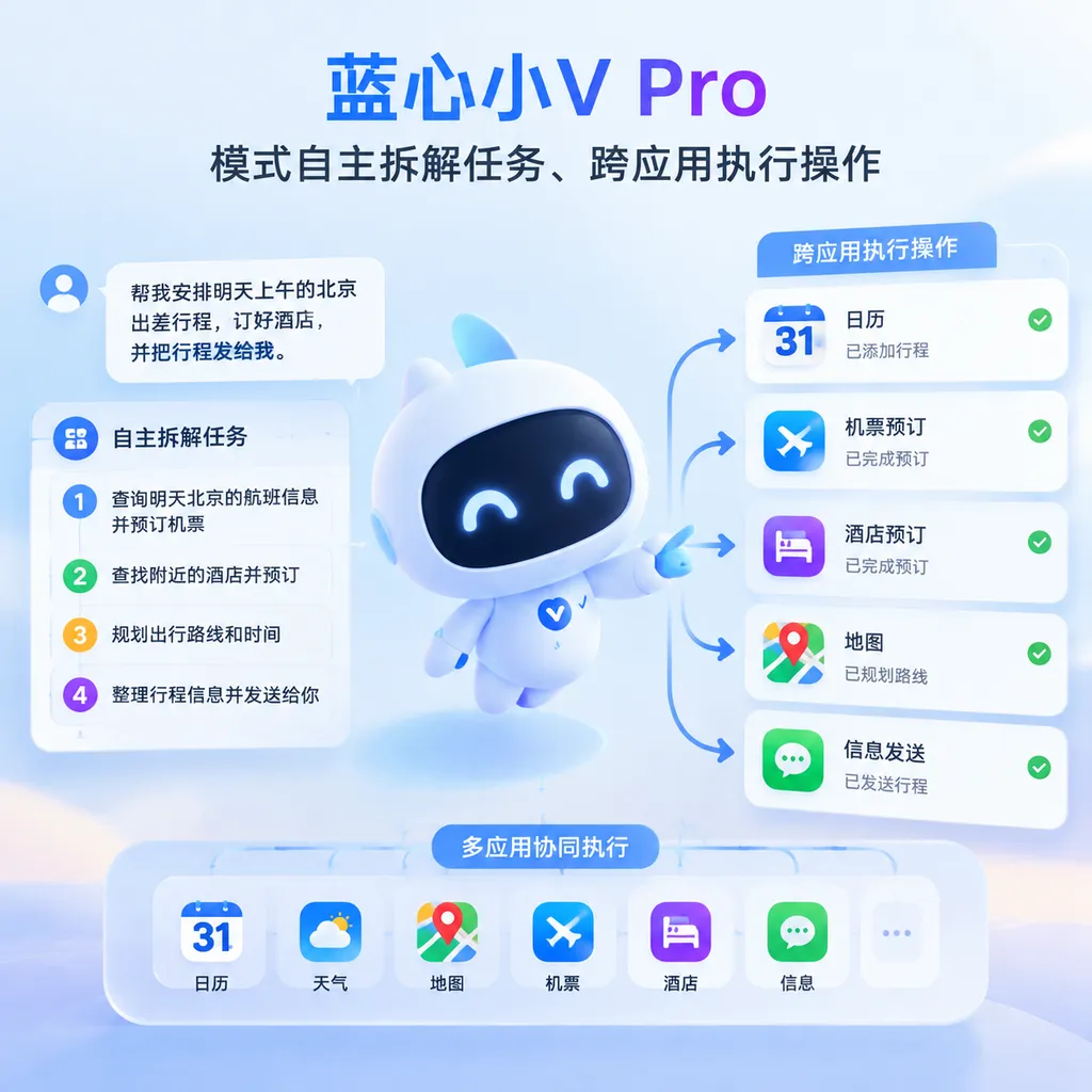 蓝心小V Pro 模式自主拆解任务、跨应用执行操作的概念示意图