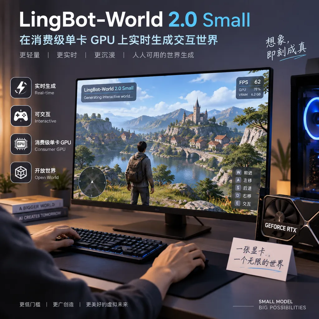 Schematic illustration of LingBot-World 2.0 Small generating an interactive world in real time on a consumer-grade single GPU
