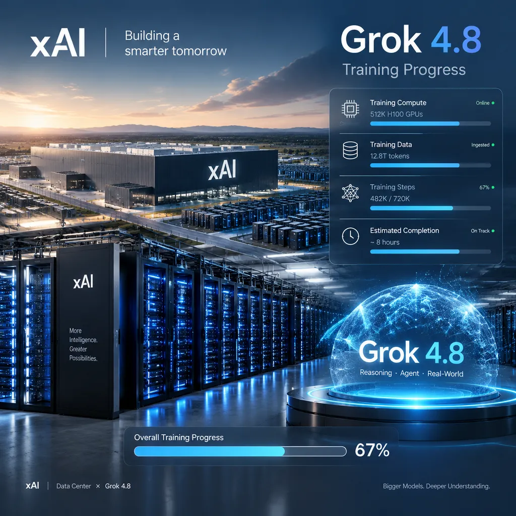 Conceptual image of the xAI data center and Grok 4.8 training progress