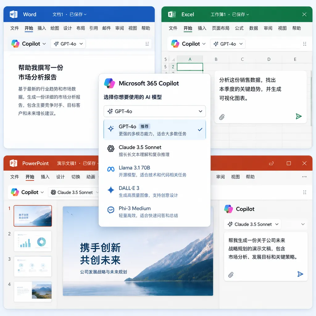 Word、Excel、PowerPoint 中的 Microsoft 365 Copilot 多模型选择界面示意图