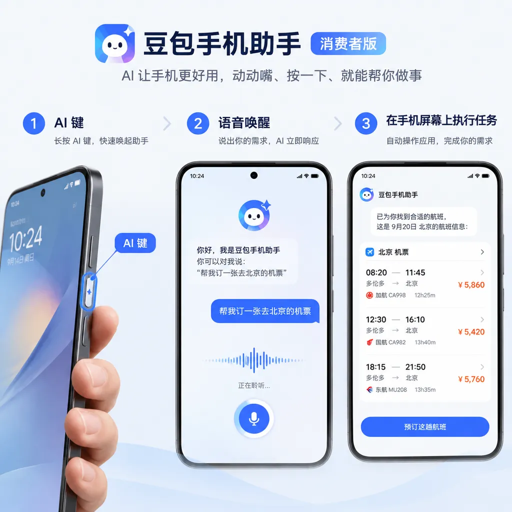 Illustration of the Doubao Phone Assistant consumer version being awakened via the AI key and voice, and executing tasks on the phone screen